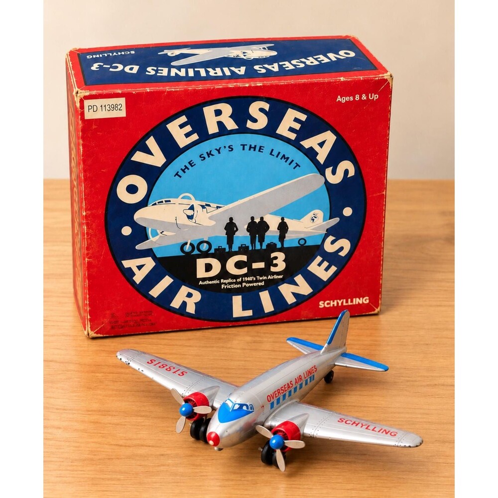 Schylling DC-3 Tin Toy Airplane Original Box Overseas Air Lines Friction Plane